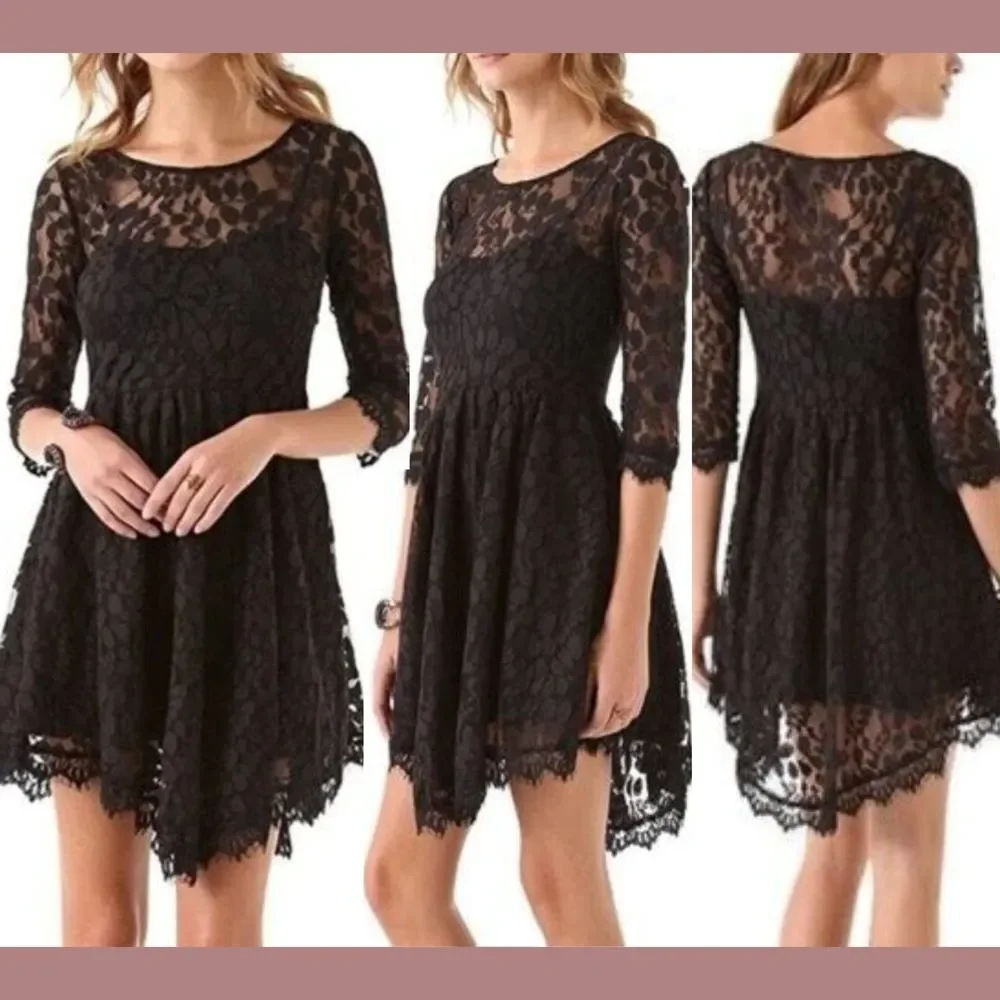 NEW $128 Free People [ 4 ] Skater‎ Floral Mesh Lace Dress in Black #u1184